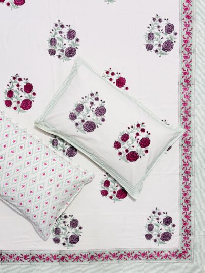 Karigari- Hand Block Printed King Size Bedsheet Set, Purple & Red Rose Bouquet Print