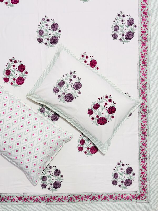 Karigari- Hand Block Printed King Size Bedsheet Set, Purple & Red Rose Bouquet Print