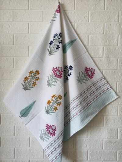 Floral Hand Block Printed Waffle Cotton Towel (60x30 inches)