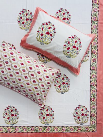 Karigari Hand Block Printed Cotton Bedsheet – Soild Orange Border, King Size