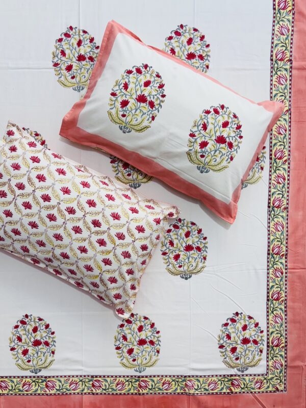 Karigari Hand Block Printed Cotton Bedsheet – Soild Orange Border, King Size