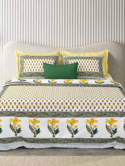 Jaypore - Floral Print Pure Cotton Double Bed Bedsheet - Yellow, Green