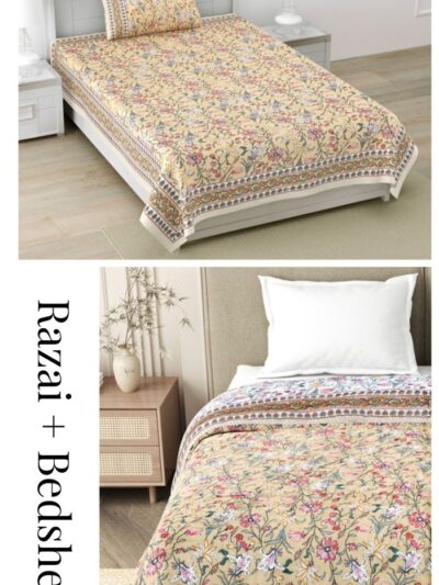 Quilt Bedding Set - Mughal Print Single Bedsheet and Jaipuri Razai for Single Bed (Mustard)