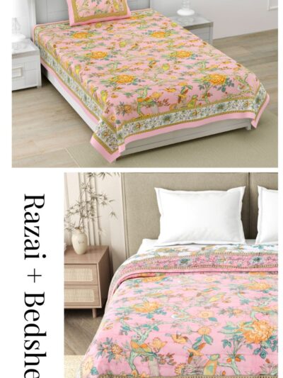 Quilt Bedding Set - Bird Print Single Bedsheet and Jaipuri Razai for Single Bed (Peach_