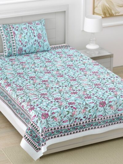 Kaya - Mughal Print Cotton Bedsheet for Single Bed with Pillow Cover - Sky Blue