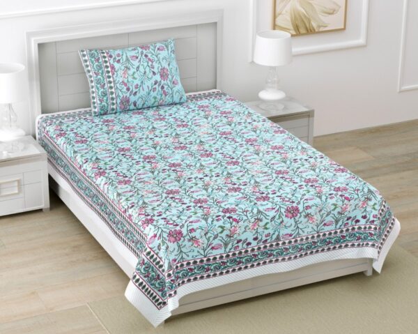 Kaya - Mughal Print Cotton Bedsheet for Single Bed with Pillow Cover - Sky Blue