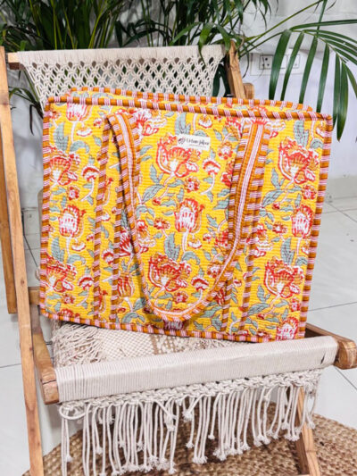 Yellow Poppy Hand Block Printed Quilted Tote with Zipper & Tablet Pocket