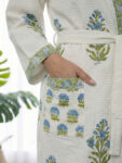 22 Premium Block-Printed Cotton Bathrobe for Men and Women - Tulip Print, Green