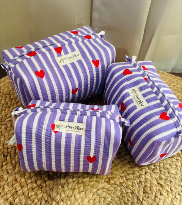 Handblock Printed Set of 3 Cute Toiletry Bags, Multipurpose Pouch(Large, Medium, and Small)- Purple