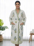 bathrobe-green Premium Block-Printed Cotton Bathrobe for Men and Women - Tulip Print, Green
