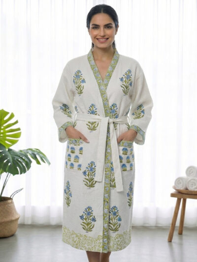 Premium Block-Printed Cotton Bathrobe for Men and Women - Tulip Print, Green