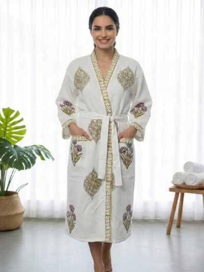 Mustard Block Print Floral Waffle Cotton Bathrobe for Women - Super Absorbent