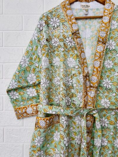 Block Print Waffle Cotton Bathobe For Women - Floral Motif