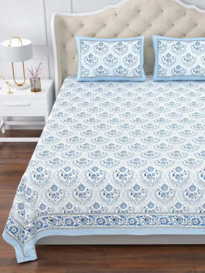 Elite - Jaipuri Pure Cotton King Size Bedsheet - Royal Jaal Print, Blue