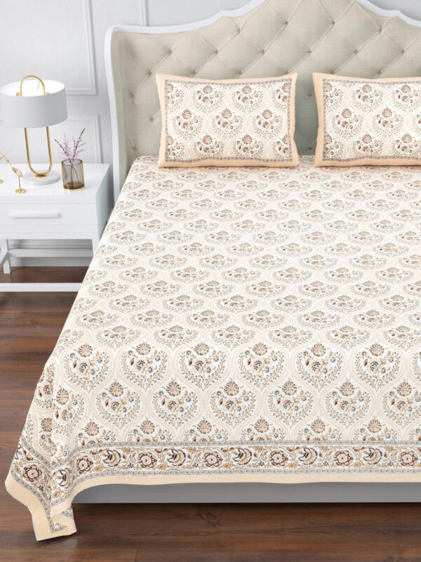 Elite - Jaipuri Pure Cotton King Size Bedsheet - Royal Jaal Print, Beige