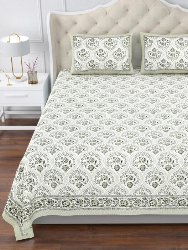 Elite - Jaipuri Pure Cotton King Size Bedsheet - Royal Jaal Print, Green