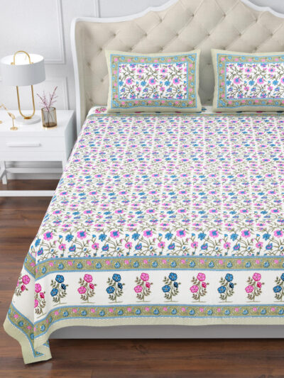 Elite - Jaipuri Pure Cotton King Size Bedsheet - Floral Vine Print, Multicolor