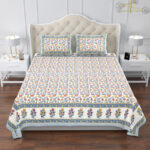 Elite - Jaipuri Pure Cotton King Size Bedsheet - Floral Vine Print, Peach, Multicolor