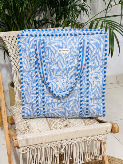 Grey Leafy Print Quilted Tote Bag with Zipper Closure