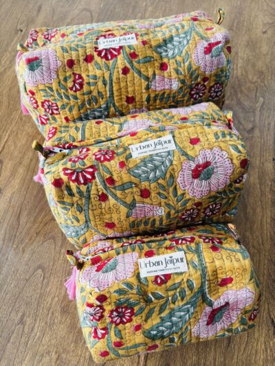 Handblock Printed Set of 3 Cute Toiletry Bags, Multipurpose Pouch(Large, Medium, and Small)- Yellow, Pink