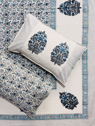 Karigari - Guldaan Hand Block Print Bedsheet King Size with Off-White Base