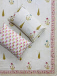 Karigari - Hand Block Printed Pure Cotton Bedsheet, Cream Base Mughal Floral, King Size with 2 pillow covers