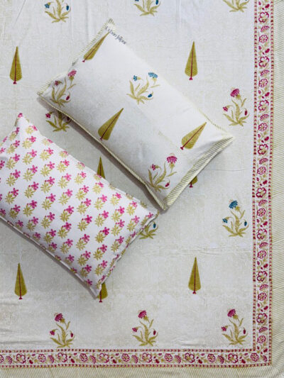 Karigari - Hand Block Printed Pure Cotton Bedsheet, Cream Base Mughal Floral, King Size with 2 pillow covers