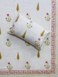 Karigari - Hand Block Printed Pure Cotton Bedsheet, Cream Base Mughal Floral, King Size with 2 pillow covers