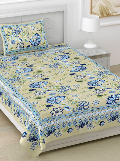Jaipuri Floral Cotton Single Bedsheet with Matching Pillow Cover (60×90 inches)