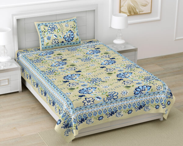 Jaipuri Floral Cotton Single Bedsheet with Matching Pillow Cover (60×90 inches)