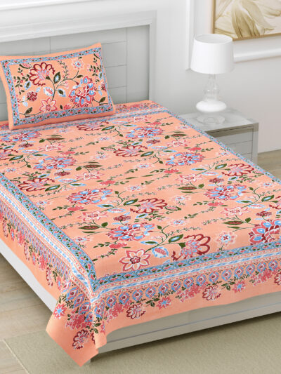 Jaipuri Floral Cotton Single Bedsheet with Matching Pillow Cover (60×90 inches)