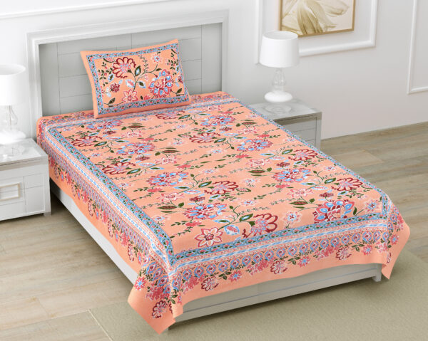 Jaipuri Floral Cotton Single Bedsheet with Matching Pillow Cover (60×90 inches)
