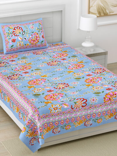 Jaipuri Floral Cotton Single Bedsheet with Matching Pillow Cover (60×90 inches)