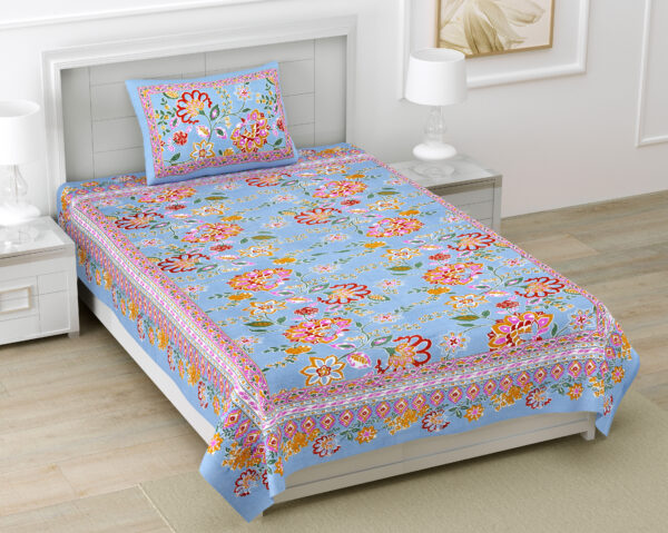 Jaipuri Floral Cotton Single Bedsheet with Matching Pillow Cover (60×90 inches)