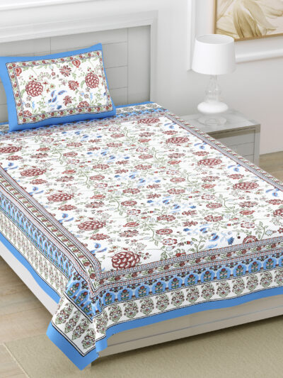 Jaipuri Print Multicolor Pure Cotton Single Bedsheet, Includes 1 Pillow Cover