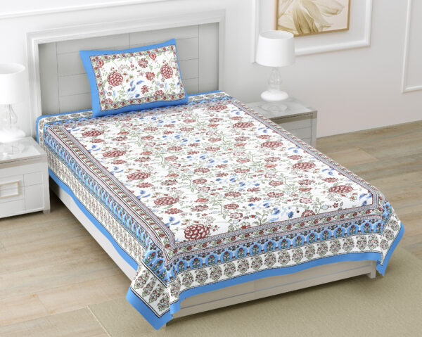 Jaipuri Print Multicolor Pure Cotton Single Bedsheet, Includes 1 Pillow Cover