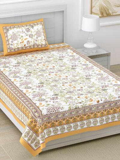 Jaipuri Print Multicolor Pure Cotton Single Bedsheet, Includes 1 Pillow Cover
