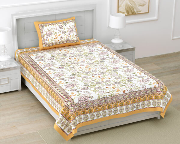Jaipuri Print Multicolor Pure Cotton Single Bedsheet, Includes 1 Pillow Cover