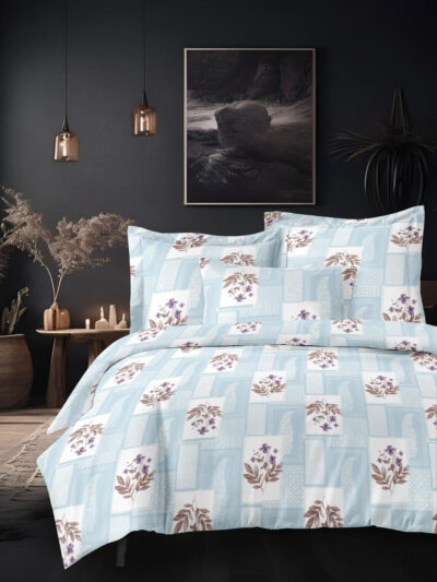Serene - 240 TC King Size Bedsheet Set (108 x 108 Inches) | Twill Cotton | Soft Pastel Blue Floral Patchwork Print