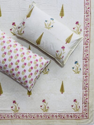 Karigari - Hand Block Printed Pure Cotton Bedsheet, Cream Base Mughal Floral, King Size with 2 pillow covers
