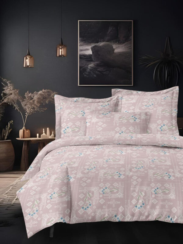 Serene - 240 TC Twill Cotton Luxury King Size Bedsheet - 108x108 Inches | Pink Floral Frame Print