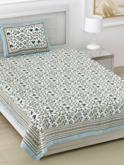 Ethnic Floral Prints 210 TC Single Bedsheet Pure Cotton With Pillow Cover - Brown