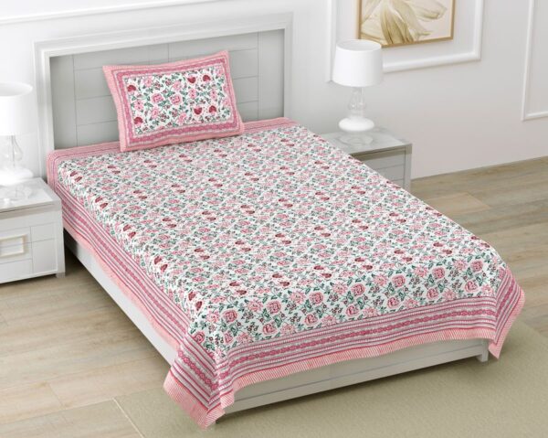 Pink Ethnic Floral Prints 210 TC Single Bedsheet Pure Cotton With Pillow Cover