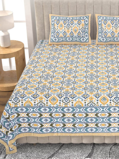Ikat Print Pure Cotton Double Bed Bedsheet - Yellow