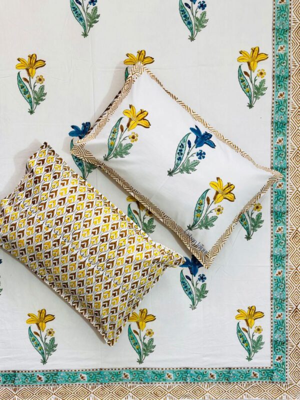 Harmony - Hand Block Print King Size Bedsheet | Floral Print - Yellow, Blue