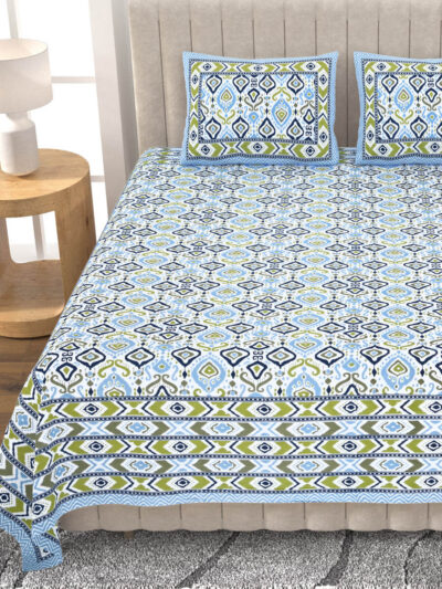 Ikat Print Pure Cotton Double Bed Bedsheet -Blue, Green