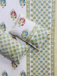 Karigari - Hand Block Printed Bedsheet with Green Floral Border & Boota Motifs
