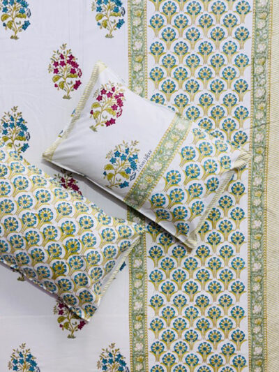 Karigari - Hand Block Printed Bedsheet with Green Floral Border & Boota Motifs