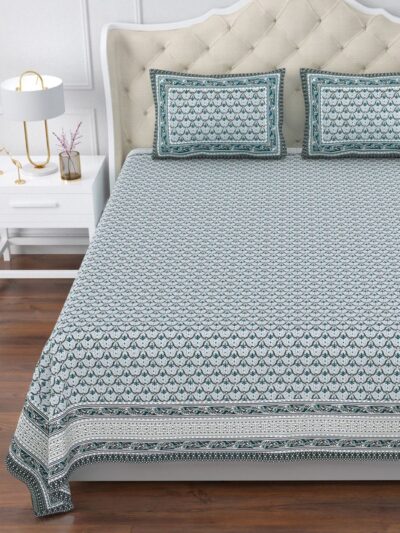 Magnolia - Pure Cotton Super King Size Bedsheet - 10ft by 10 ft Bedsheet - Blue Buta