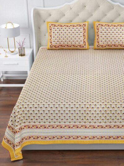 Magnolia - Pure Cotton Super King Size Bedsheet - 10ft by 10 ft Bedsheet - Yellow, Maroon Buta
